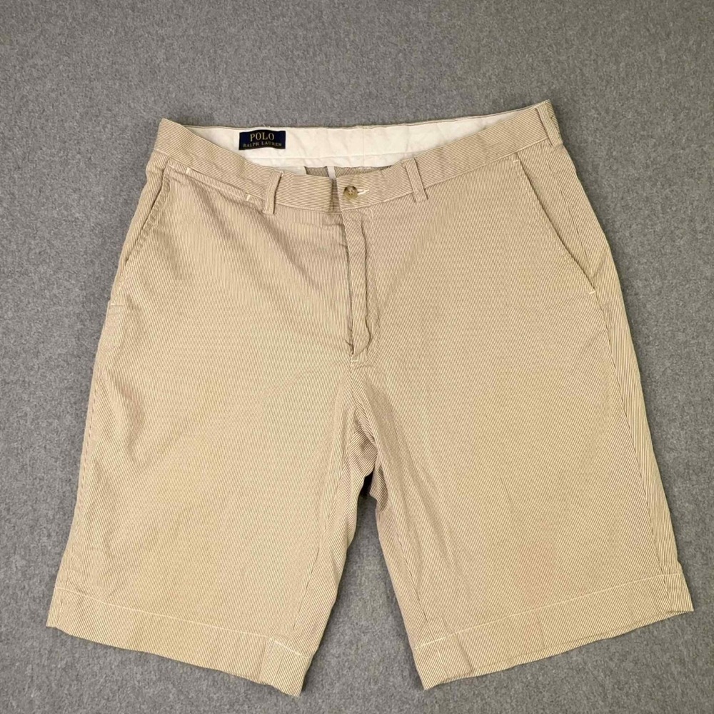 Polo Ralph Lauren Shorts Mens 35 Beige Seersucker Striped‎ Chino Preppy Resort